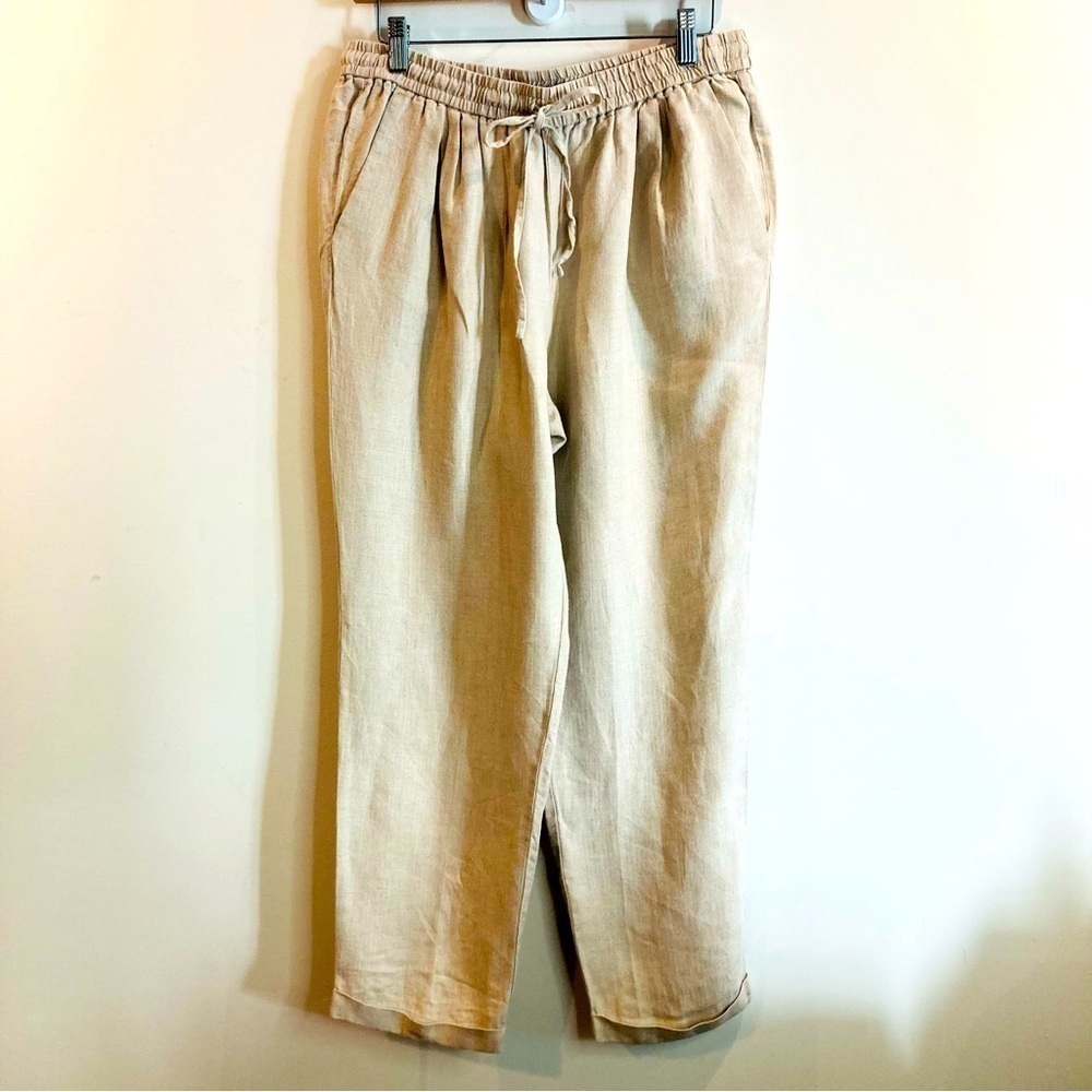 J  CREW Sz 10 100% Linen Elastic Band Drawstring Waist Pockets Tapered Leg Pants